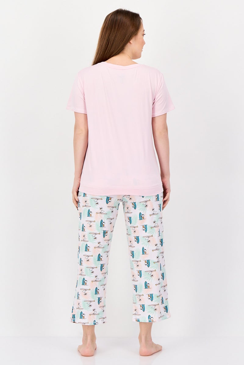 Peanuts Women 2Pcs Snoopy Print Pajama Top And Pants Set, Multicolor - Image 2